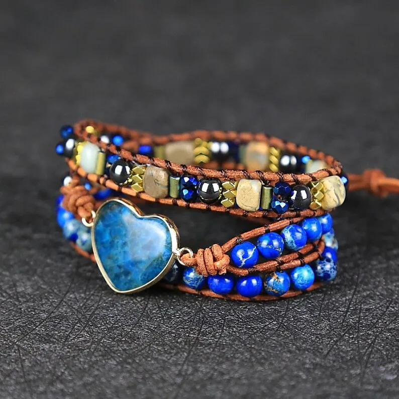 Blue Apatite Stone Bracelet-Natural Heart Shaped Gemstone Bracelet-Healing Calming Balance Meditation Mental Health Energy Protection Gift
