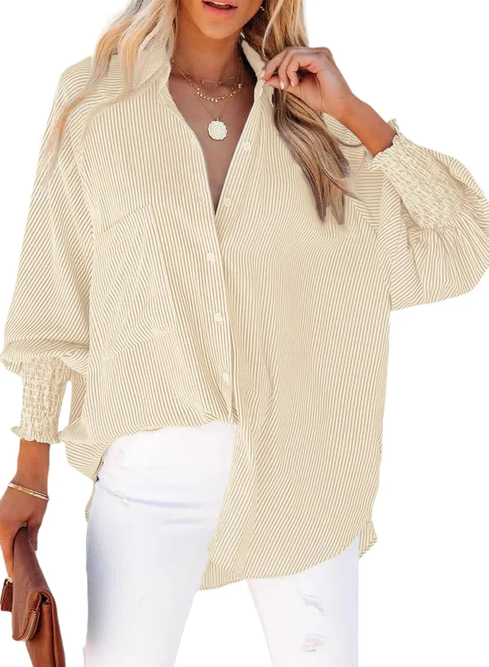 Womens Smocked Cuffed Striped Boyfriend Shirt Casual Collar Long Sleeve Oversized Button Down Blouse Tops with Pocket Shirred
