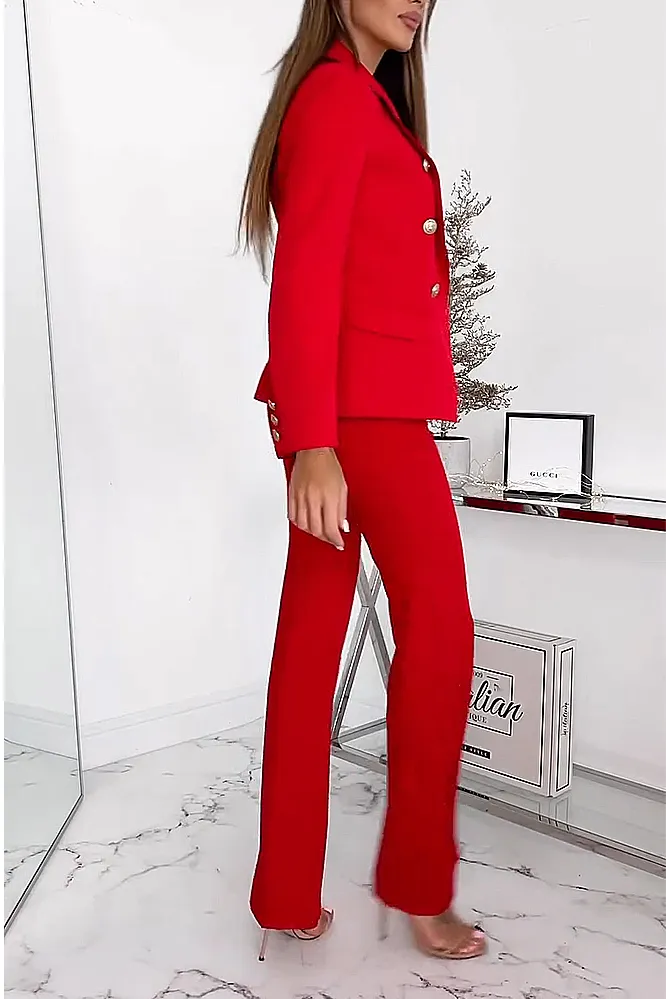 Women's Fashion Solid Color Slimming Button Jacket Pants Two Piece Set