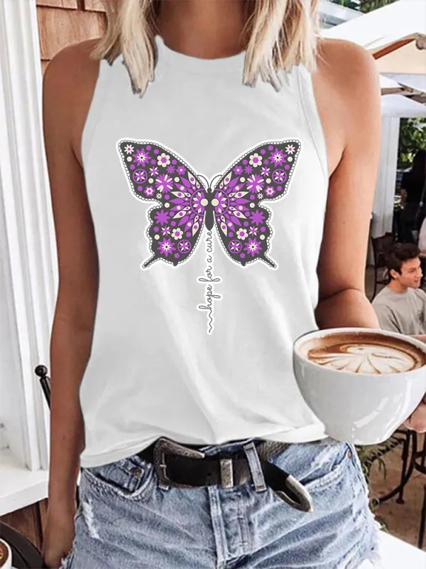 Women'S Round-Neck Sleeveless Vest With Butterfly Print Hope For A Cure