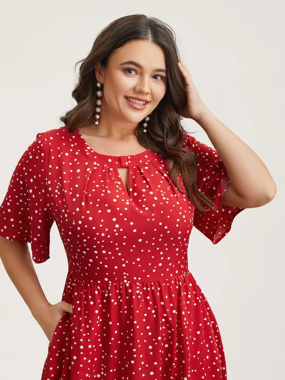 Polka Dots Print Cut-Out Flutter Sleeve Midi Dress