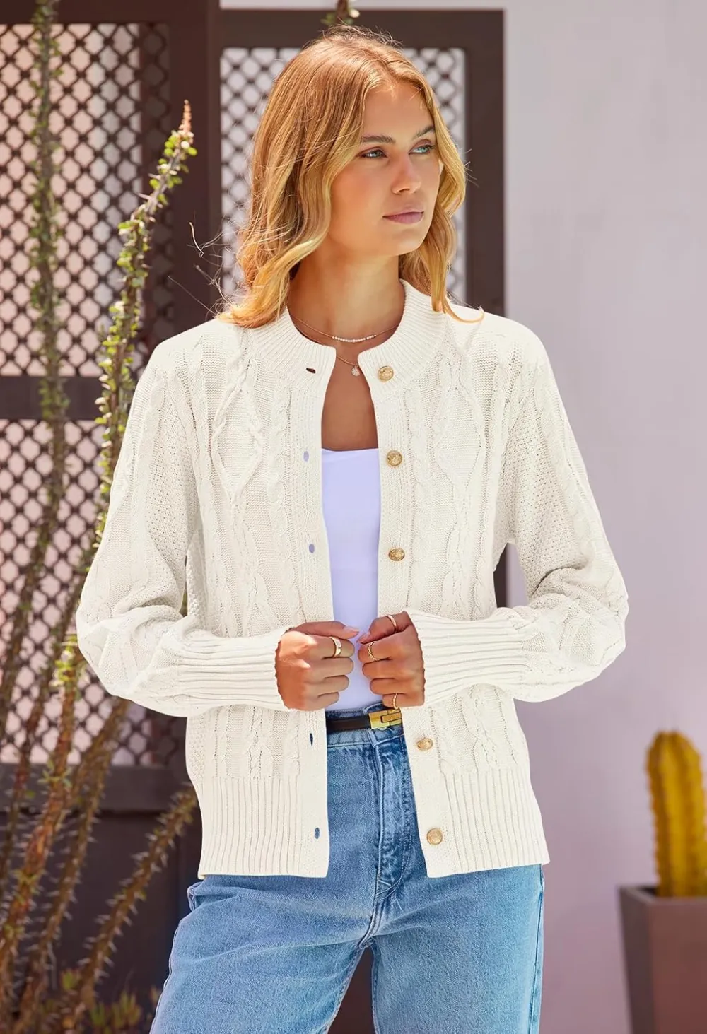 Women's 2024 Fall Long Sleeve Sweater Cardigan Cable Knit Open Front Button Outwear Coats