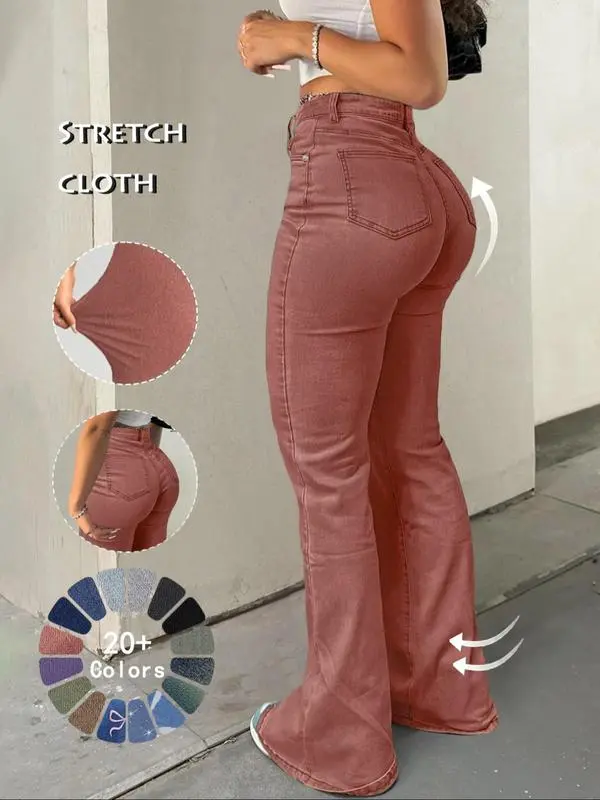 Women's High Waist Flare Jeans – Casual Button Fly Bell Bottom Denim Trousers