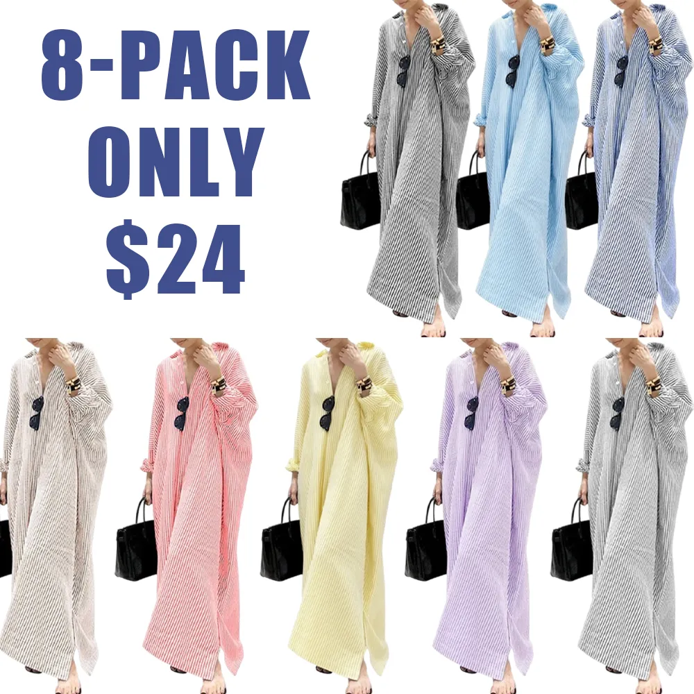 Women's Striped Cotton Maxi Shirt Dress – Casual Loose Fit, Long Sleeve, Button Down