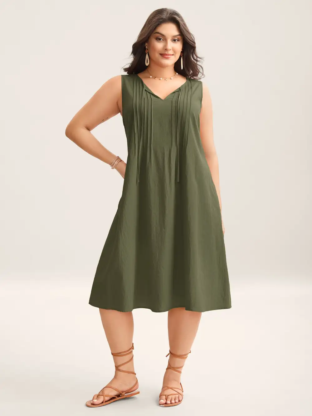 Cotton Toothpick Pleat Plain Midi Dress