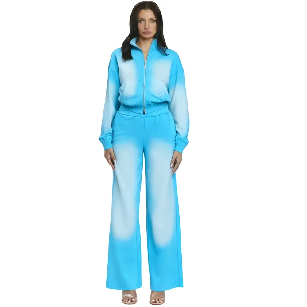 Ombre Zip - Up 2 Pieces Set Cropped -Sweatshirt & Wide - Leg Pants