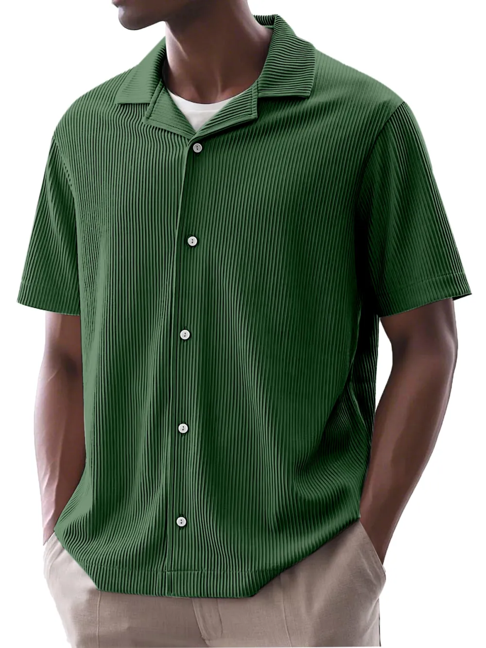 Men's Daily Simple Solid Color Ribbed Cuban Collar Short-sleeved Shirt