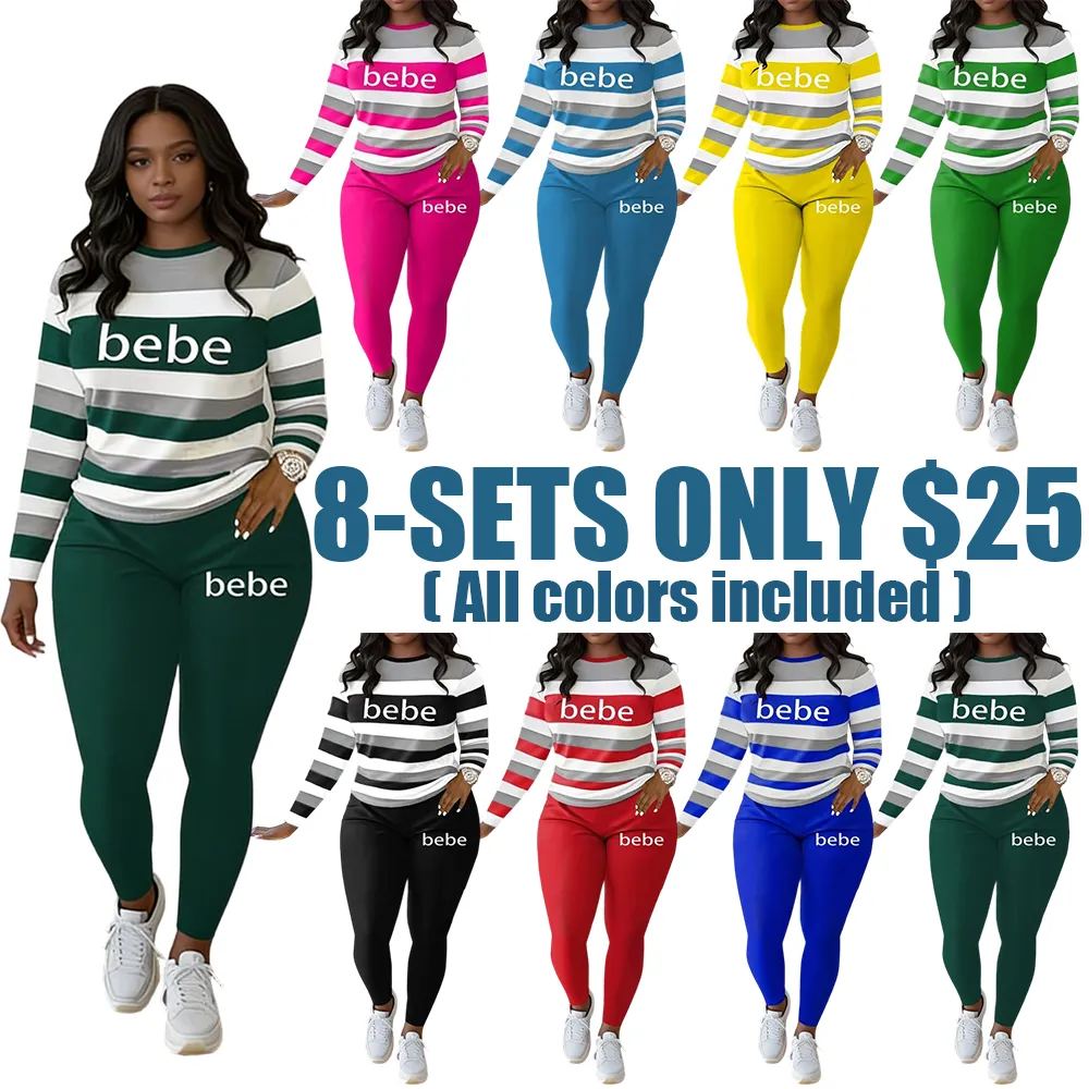 Women's Striped Bebe Letter Print Set