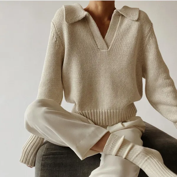 Chic Solid Color Lapel Sweater
