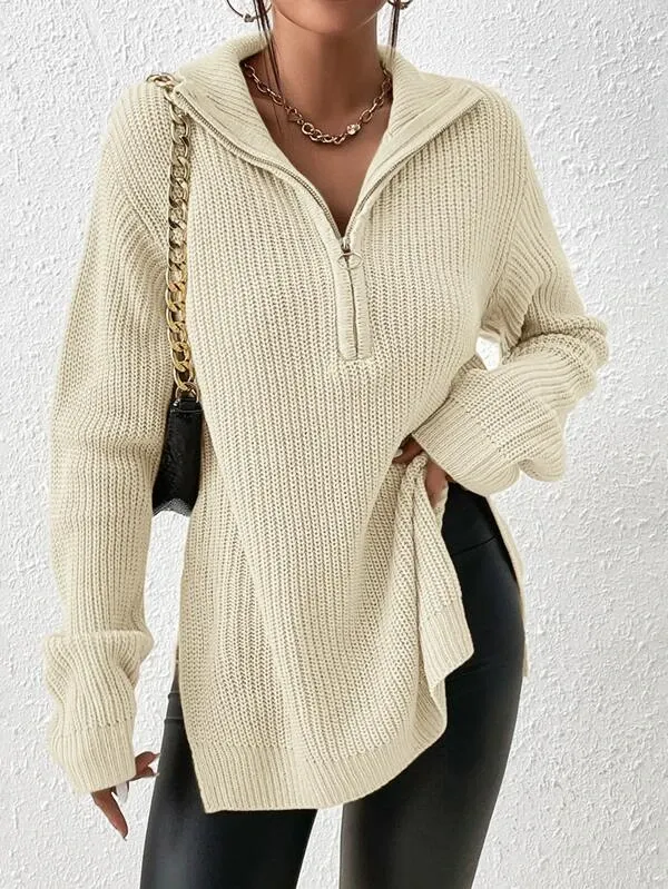 Half Zip Ribbed Knit Drop Shoulder Split Hem Sweater