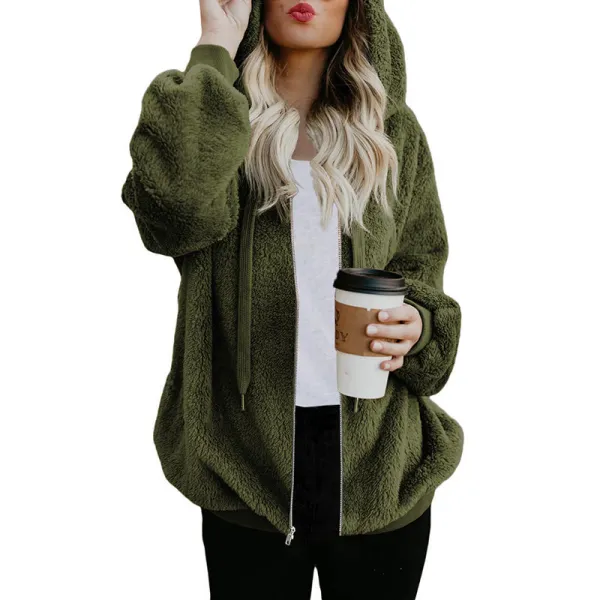 Solid Plush Drawstring Hooded Zip Coat