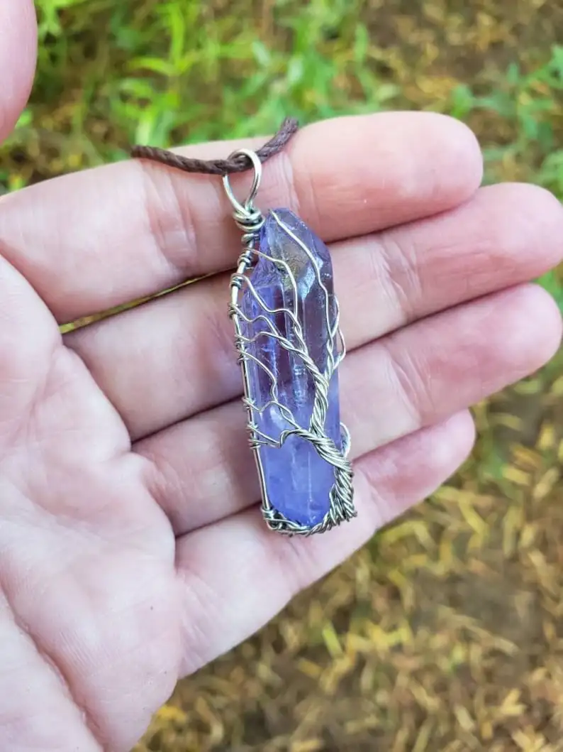 Titanium Wire Wrapped Blue Aura Quartz Crystal Tree of Life Pendant Necklace - Grounding Necklace - Self Confidence - Relaxation Crystal