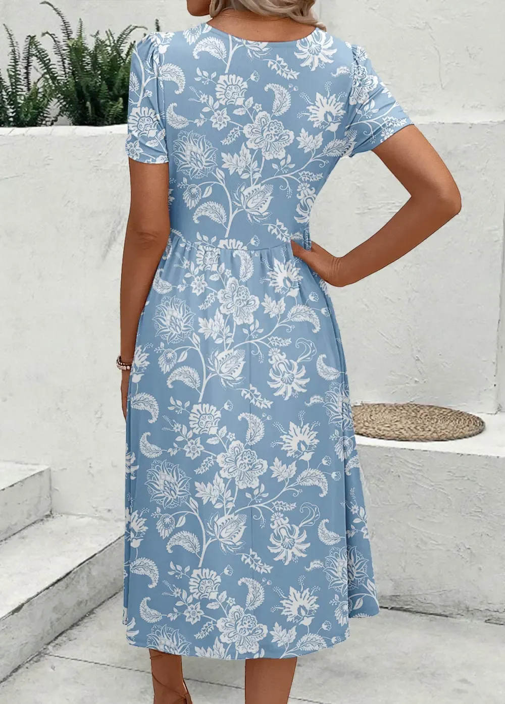 Dusty Blue Zipper Floral Print Short Sleeve Dress