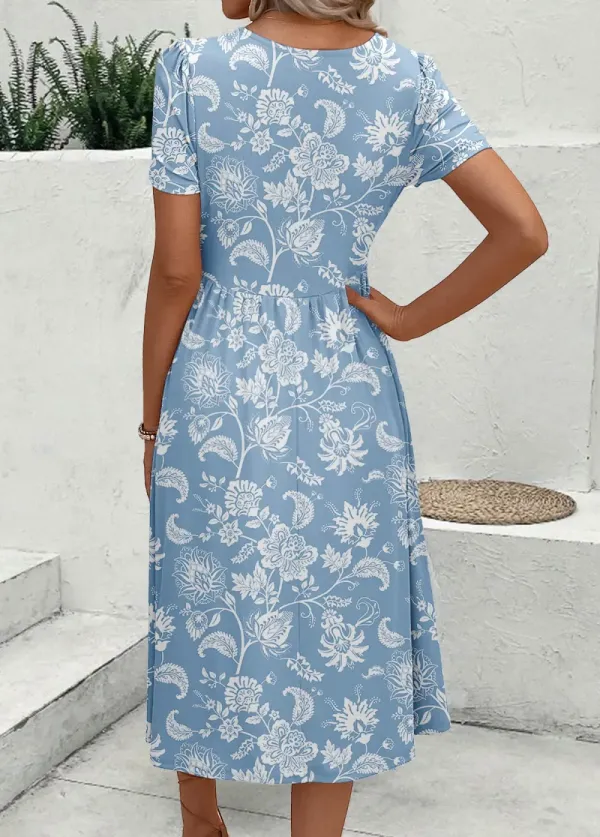 Dusty Blue Zipper Floral Print Short Sleeve Dress