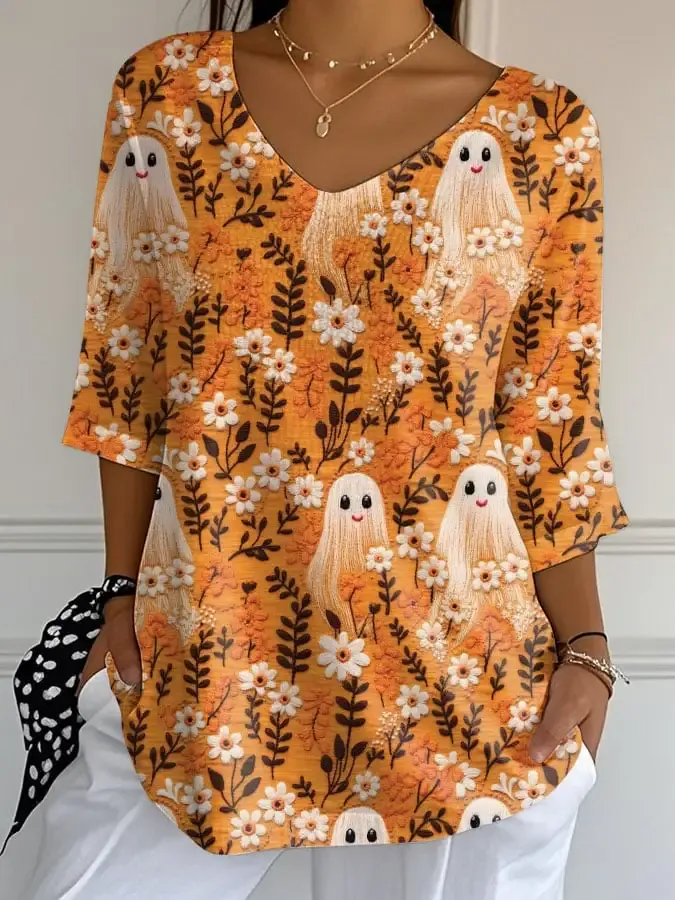 Women's Ghost Print V-Neck T-Shirt