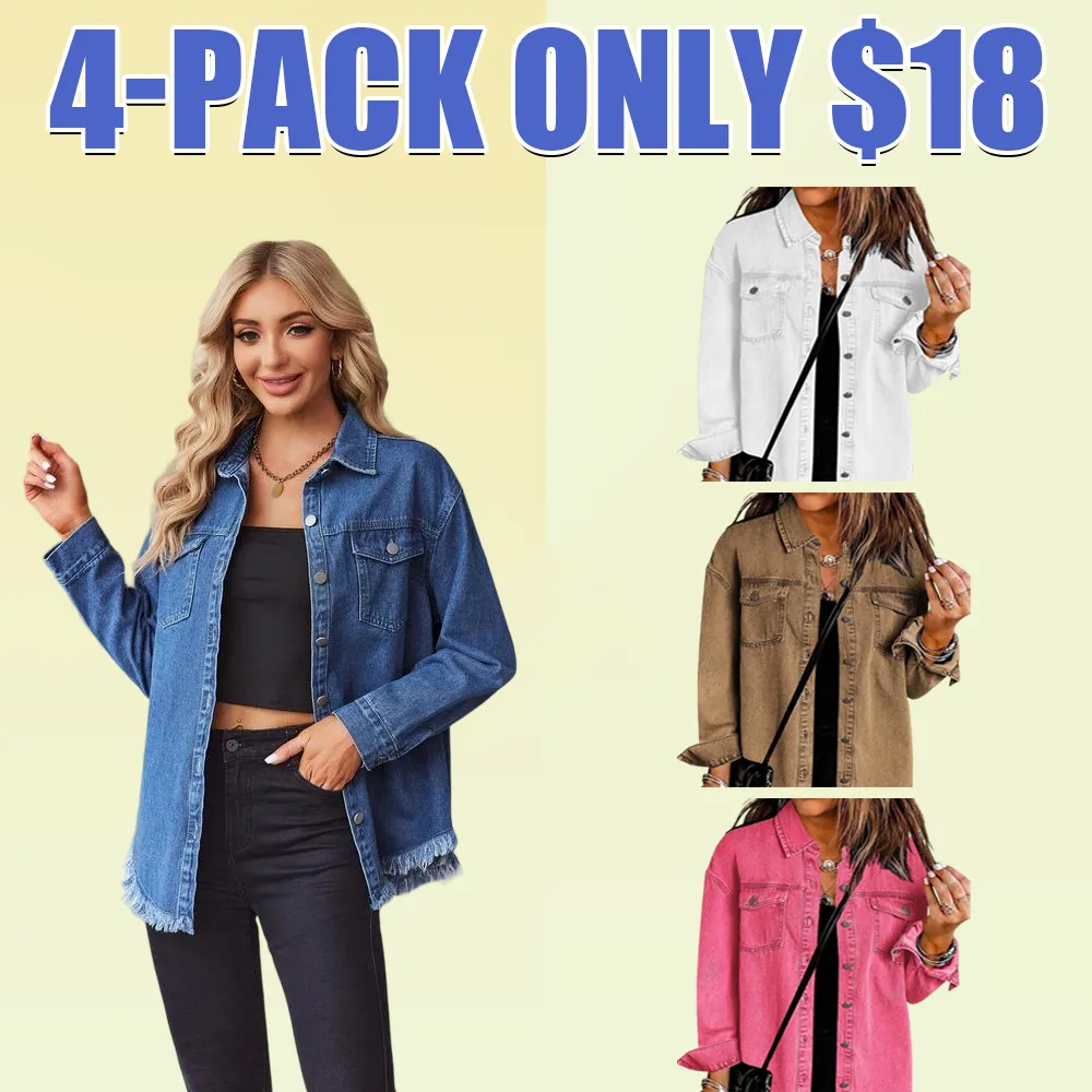 Jean Jackets for Women Ripped Fringe Denim Jean Jacket Casual Long Sleeve Pockets Jackets