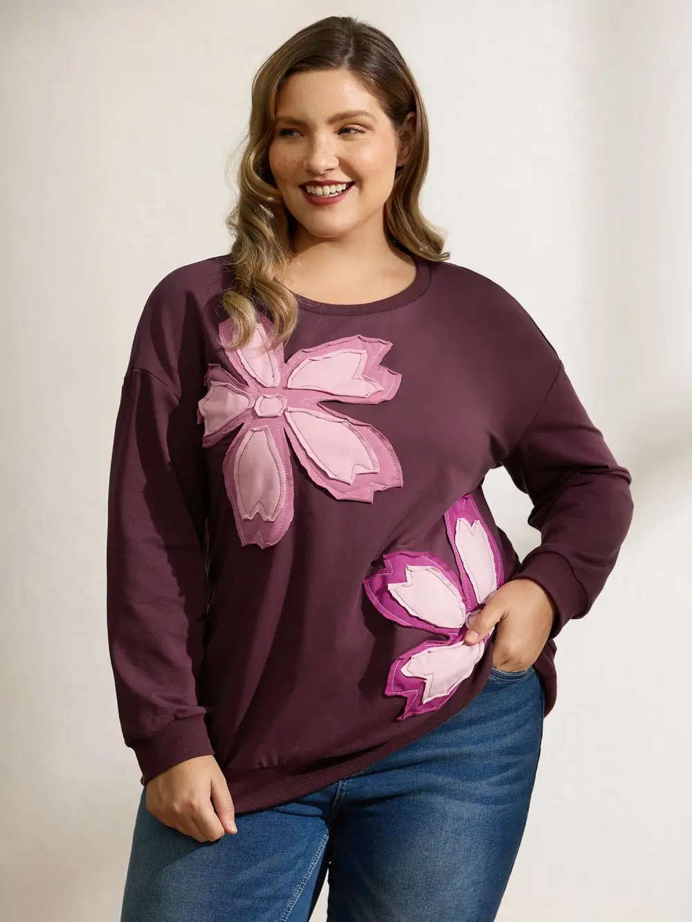 Floral Applique Embroidered Round Neck Sweatshirt