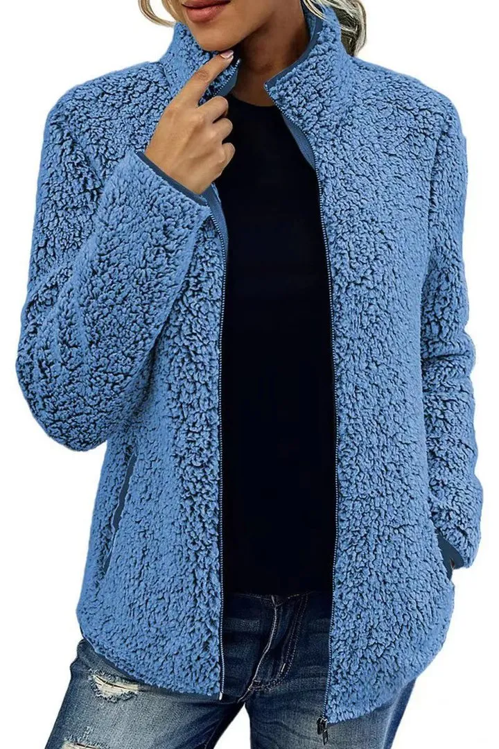 Solid Stand Collar Fleece Coat