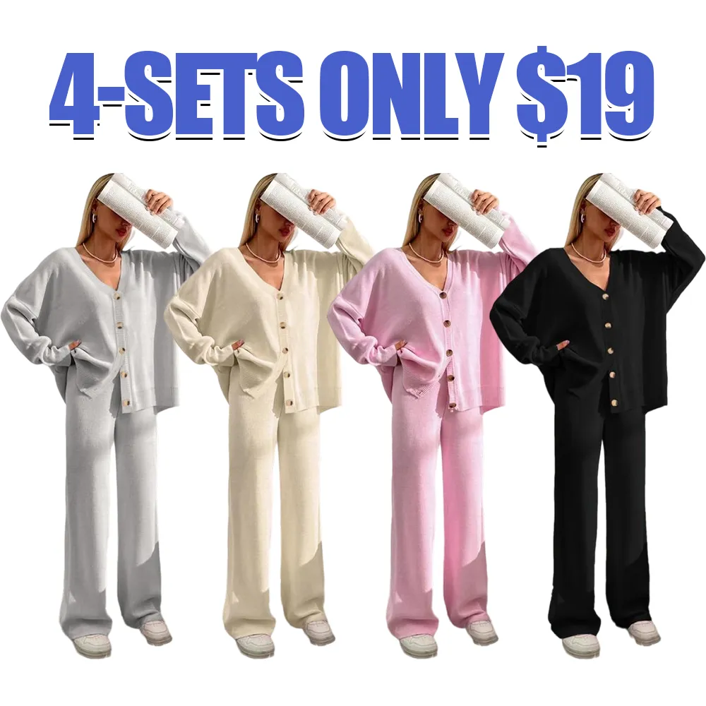 Women's V-Neck Button Cardigan & Wide-Leg Pants Set