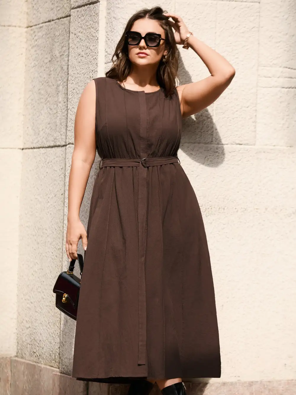 Pure Cotton Adjustable Belt Placket Midi Dress