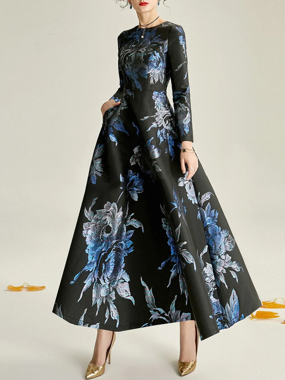 Black-Blue A-Line  Cocktail Party & Evening Floral Maxi Dresses
