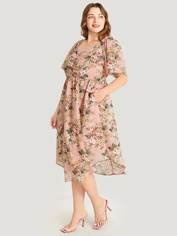 Floral Print Ruched Pocket Frill Trim Ruffle Arc Hem Dress