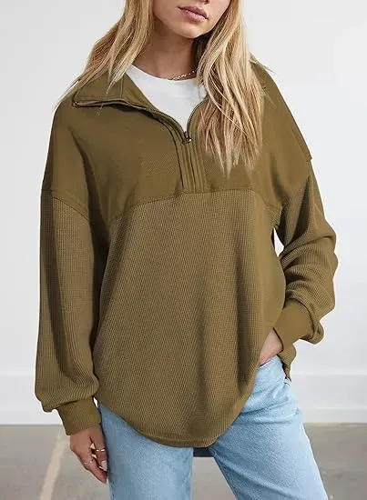 Oversized Waffle Knit Half Zip Pullover Soft Polyester Blend Long Sleeve Sweatshirt