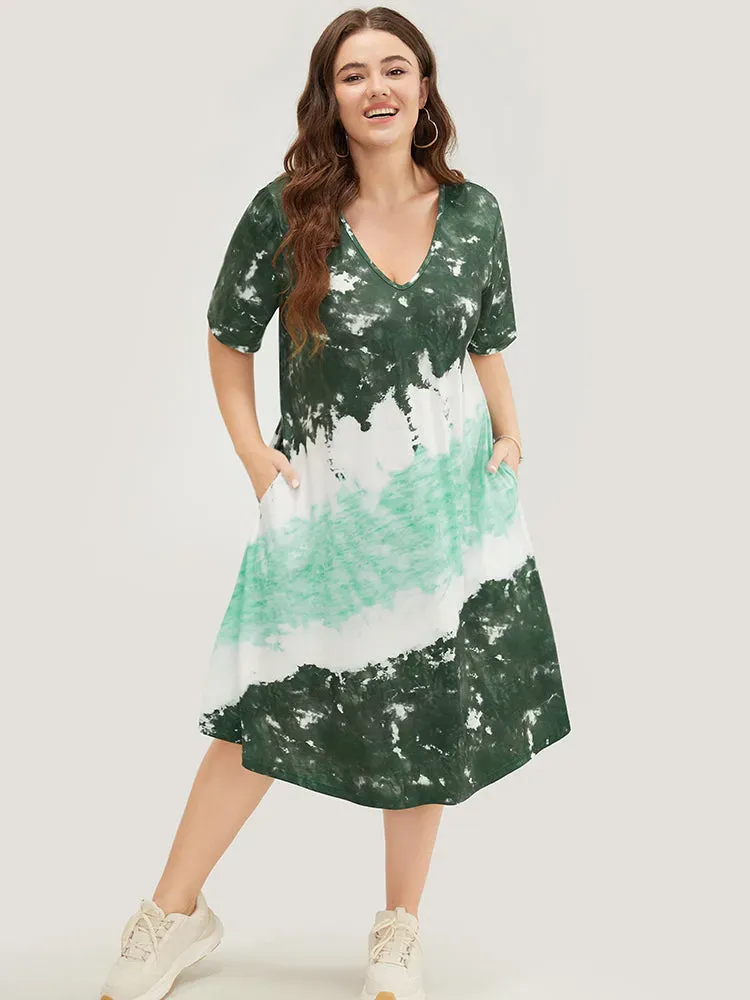 Tie Dye V Neck Pocket Midi Dress