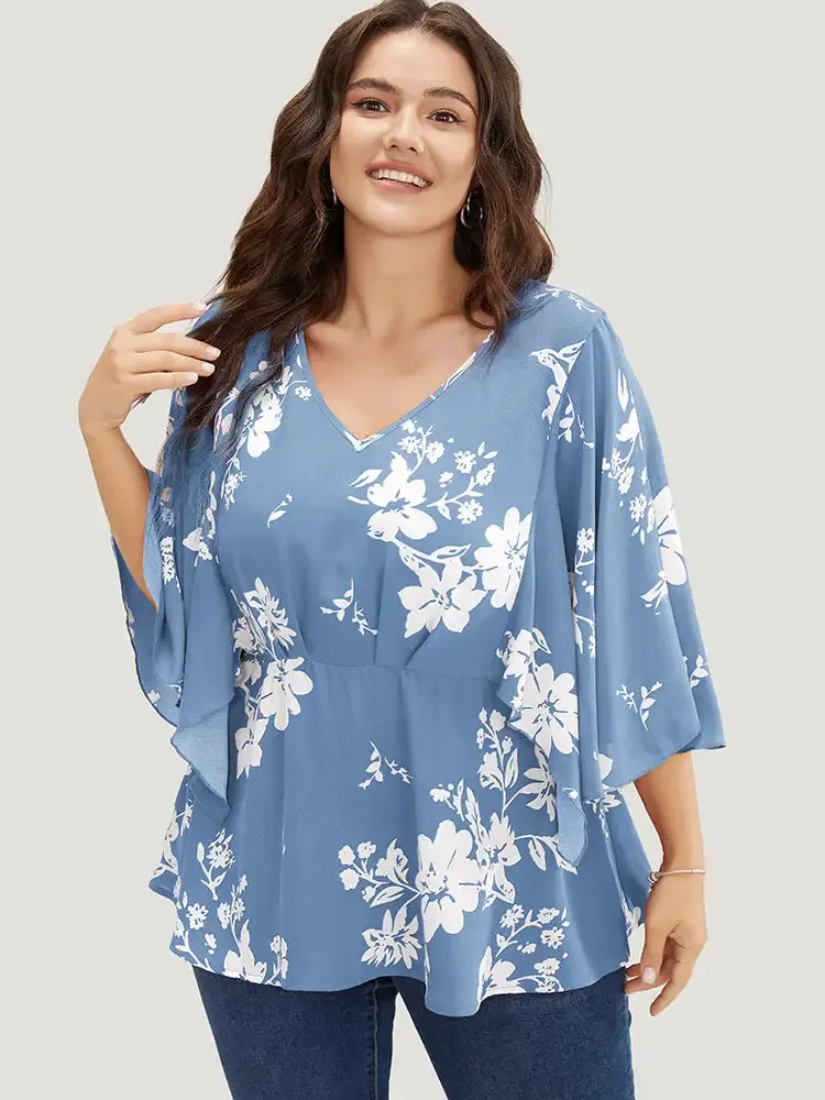 Floral Printed Plicated Detail Flutter Sleeve Blouse