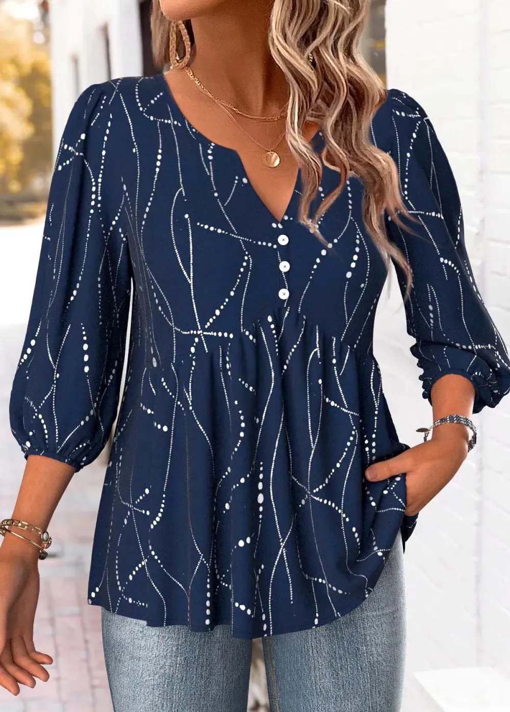 Navy Geometric Print 3/4 Sleeve Split Neck Blouse