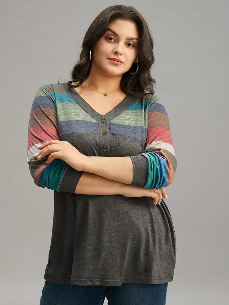 Colorblock Contrast V Neck Button Up T-Shirt