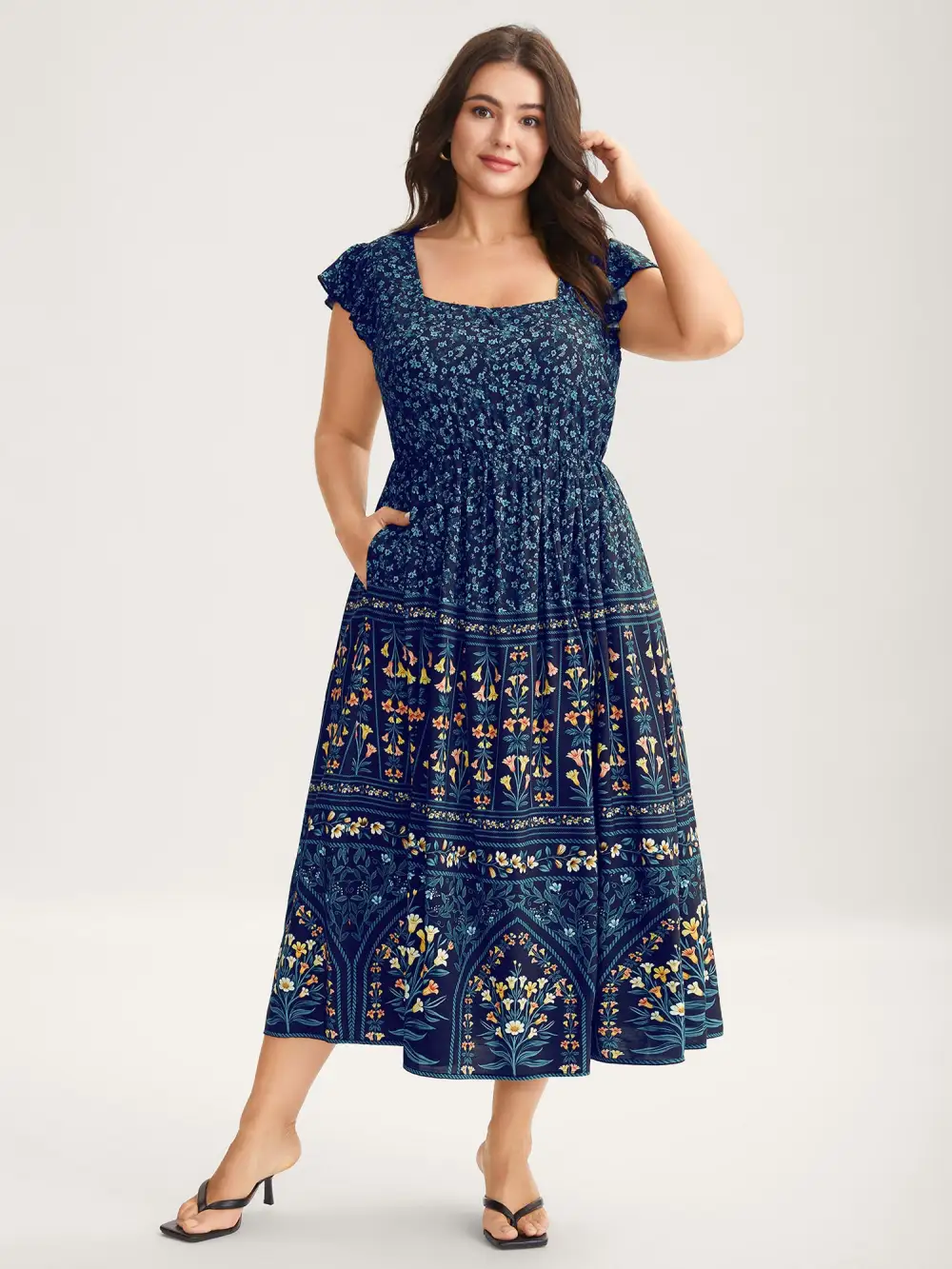 Rayon Garden Fresh Ruffled Sleeve Midi Dress