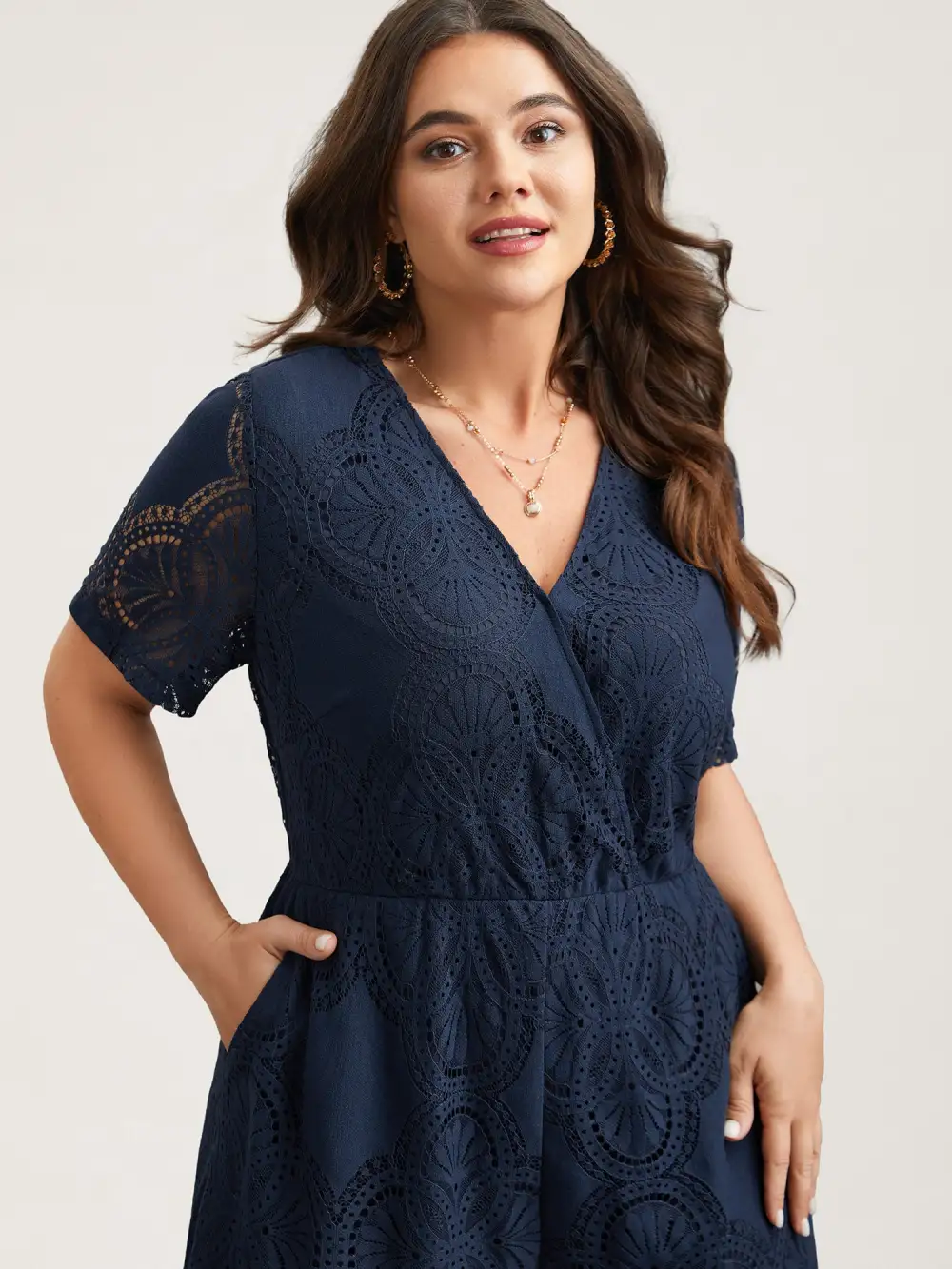 Lace Sleeve Stretchy Waist Pockets Romper