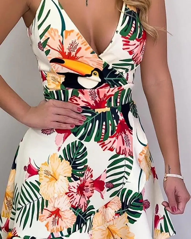 V Neck Leaf Print Mini Dress