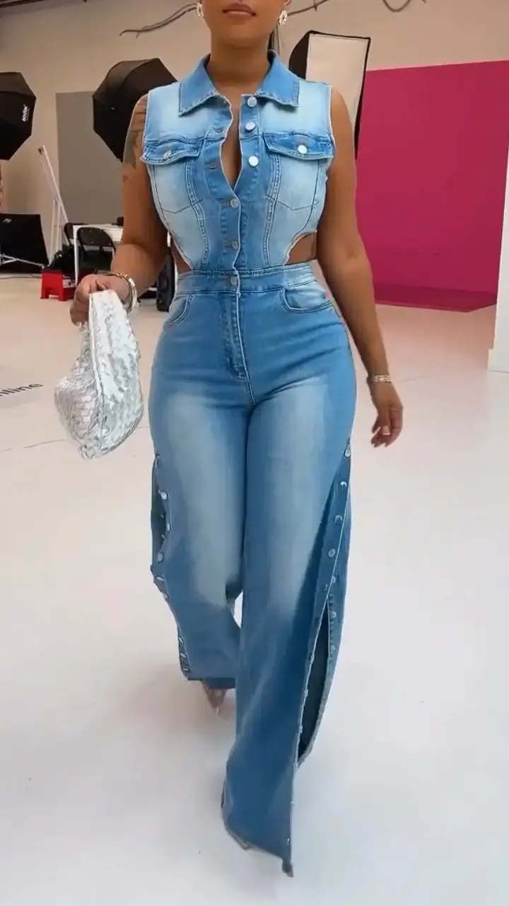 Women's Lapel Hollow Slit Denim Jumpsuit