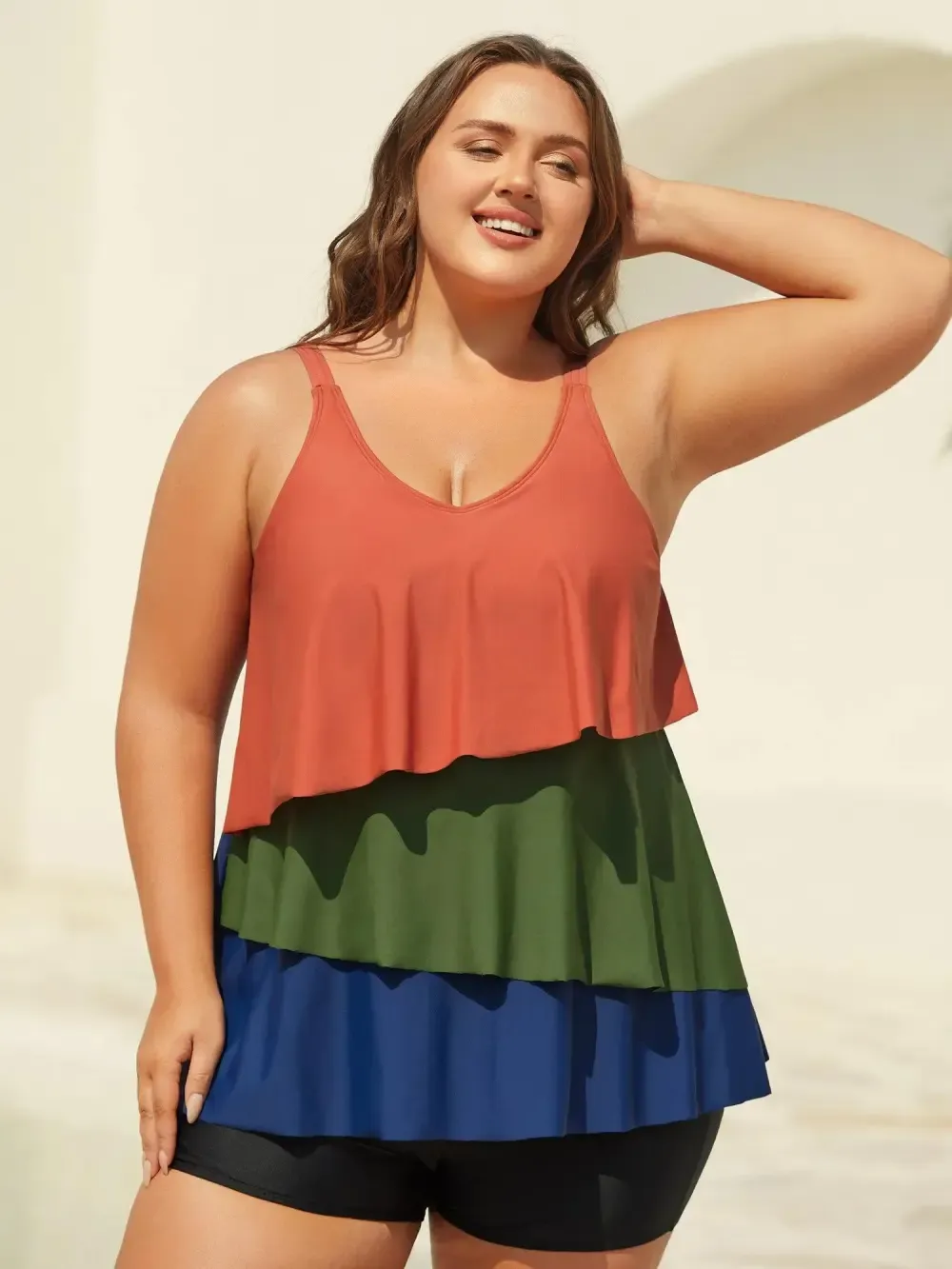 Color Block Asymmetrical Hem Swim Top