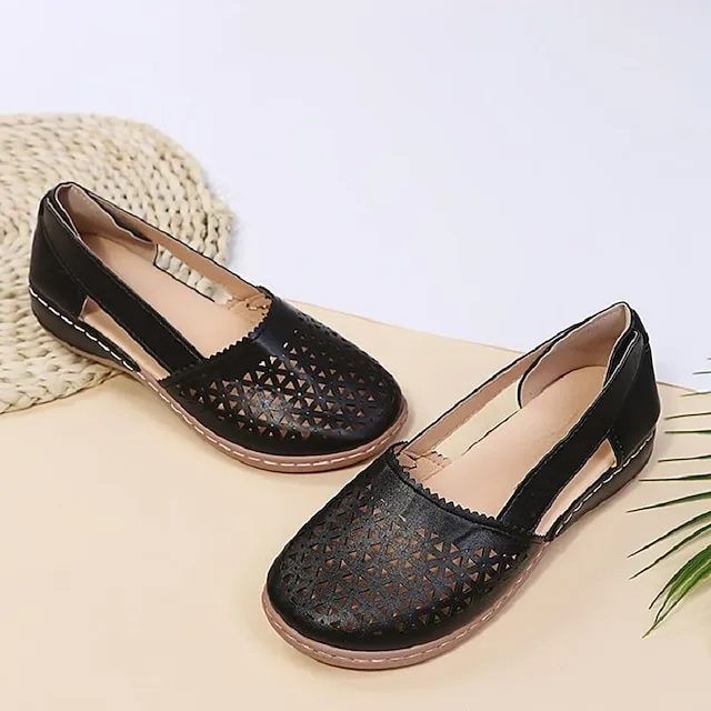 Women's Sandals Wedge Sandals Comfort Shoes Plus Size Outdoor Work Daily Summer Hollow Out Flat Heel Round Toe Classic Casual Minimalism Walking Shoes Faux Leather Loafer Solid Color Solid Colored