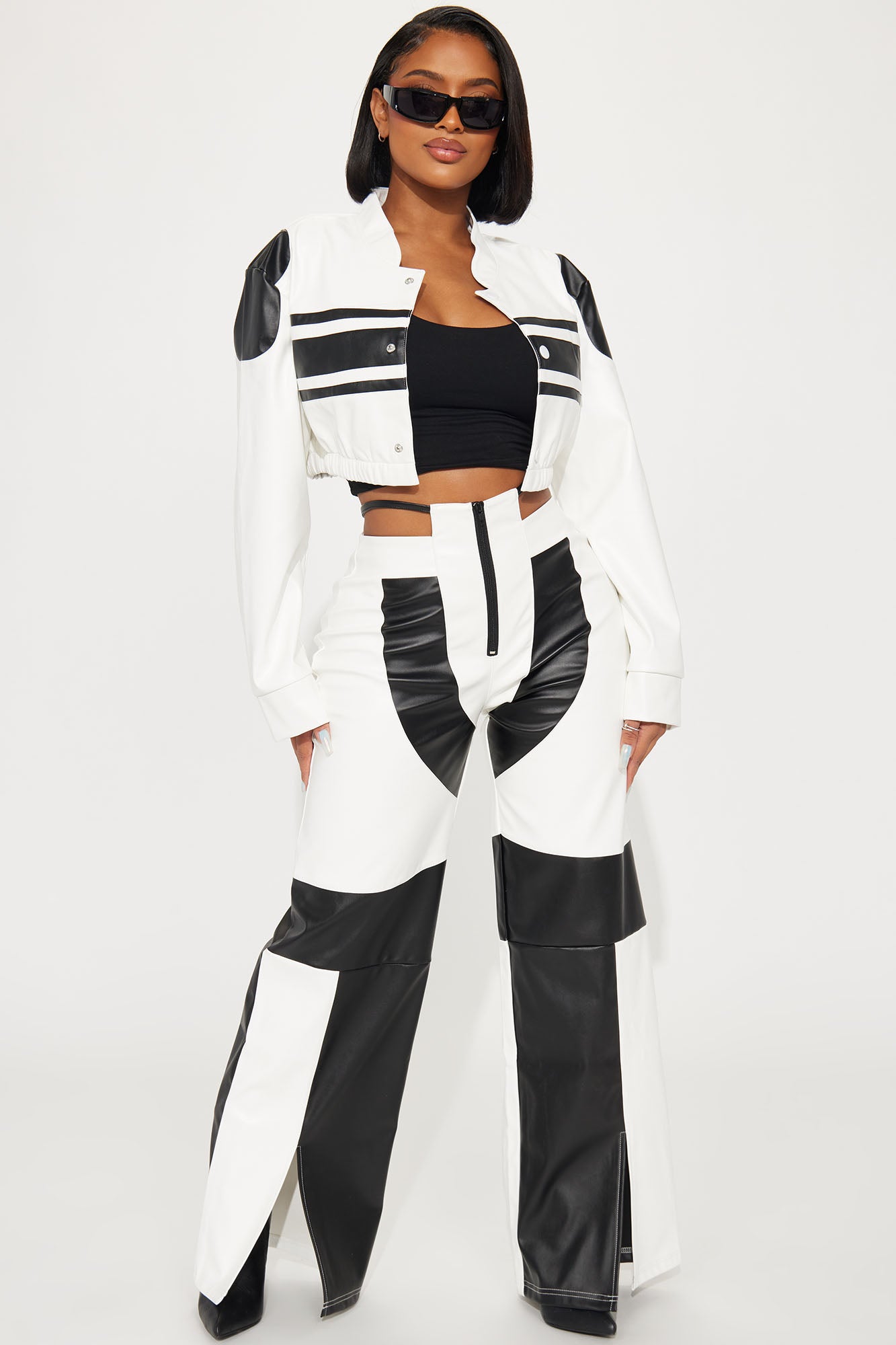 Elevated Faux Leather Pant Set - White/Black