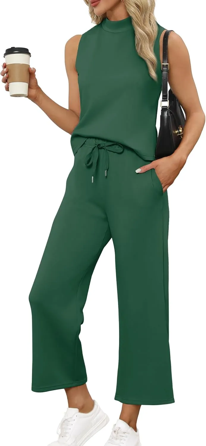 Two Piece Sets for Women Summer Outfits Lounge Sets Mock Neck Tops Wide Leg Crop Pants Vacation Travel Outfits