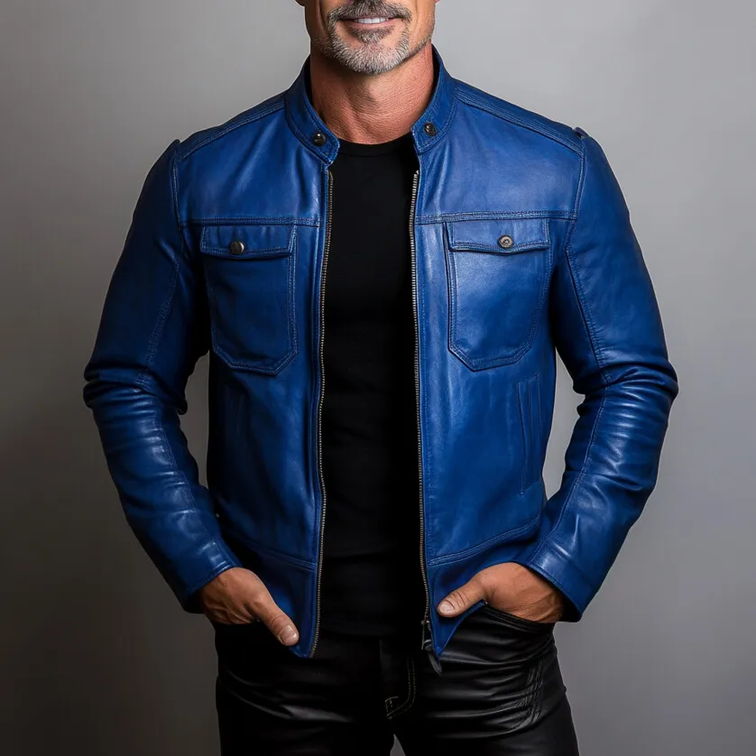 Men's Stand Collar Long Sleeve Zipper Chest Pocket PU Leather Jacket