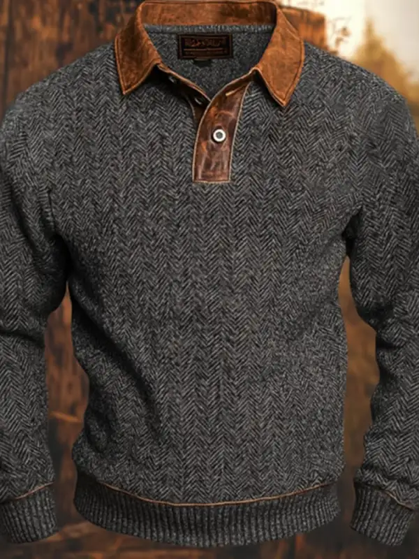 Men'S Casual Retro Herringbone Print Long-Sleeved Polo Shirt