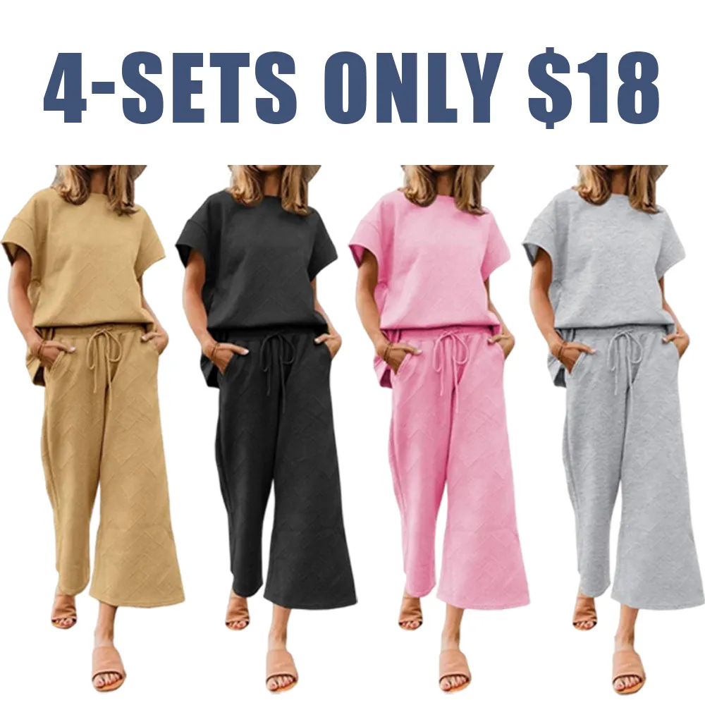 Women's 2-Piece Knit Loungewear Set – Short Sleeve Top & Cropped Wide Leg Pants
