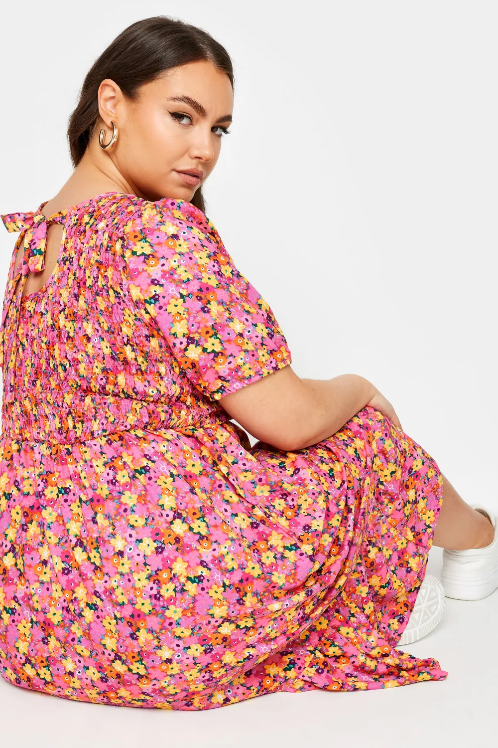 YOURS Curve Pink Floral Print Shirred Midaxi Dress