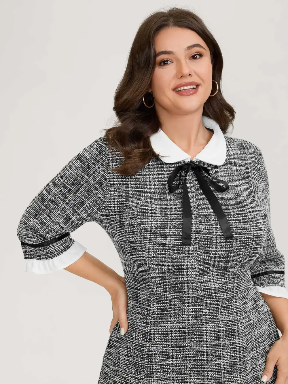 Tweed Knit Doll Collar Pockets Midi Dress