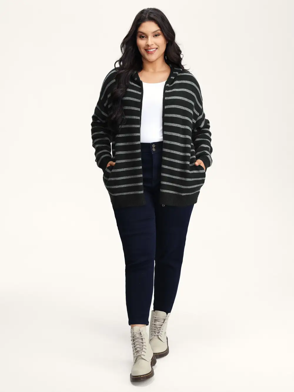 Supersoft Stripe Hooded Zipper Pockets Knit Cardigan