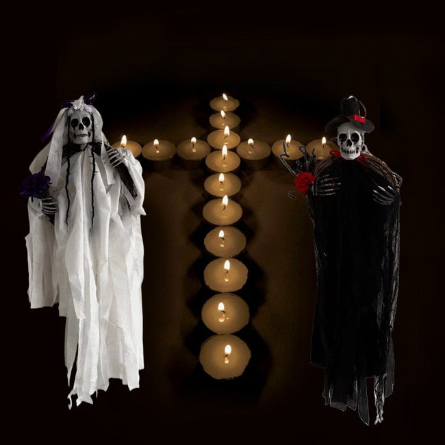 90cm Halloween Hanging Skull Black White Rattan Wreath Haunted House Props Horror Party Halloween Decoration Home Outdoor 2022