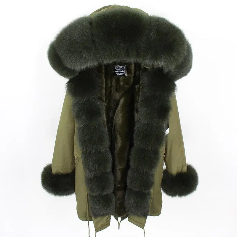 Women's Parka Fox Fur Coats Real Fur Winter Long Black Park Cotton Thick Warm