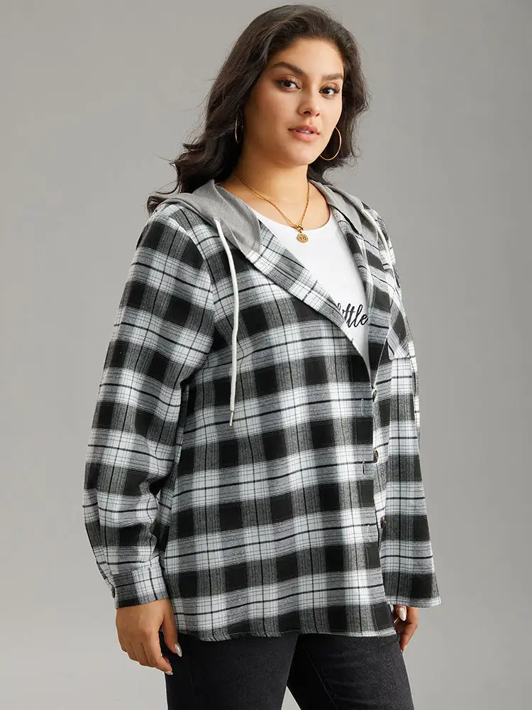 Plaid Patchwork Hooded Drawstring Button Through Jacket
