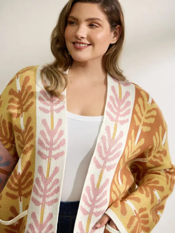 Leaf Jacquard Print Contrast Knit Cardigan