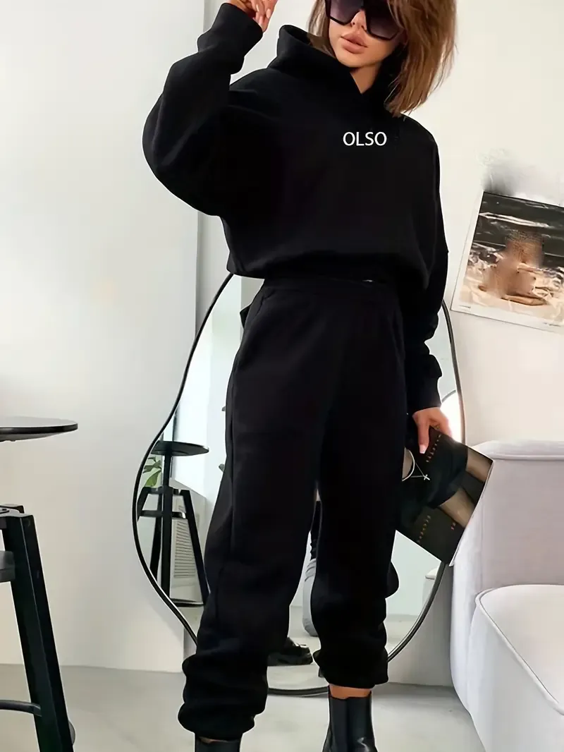 Casual Two-piece Set, Letter Print Long Sleeve Hooded Sweatshirt & Elastic Waist Sweatpants Outfits, Women's Clothing